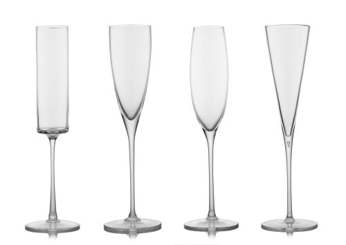 Four champagne flute with different shapes on a white background