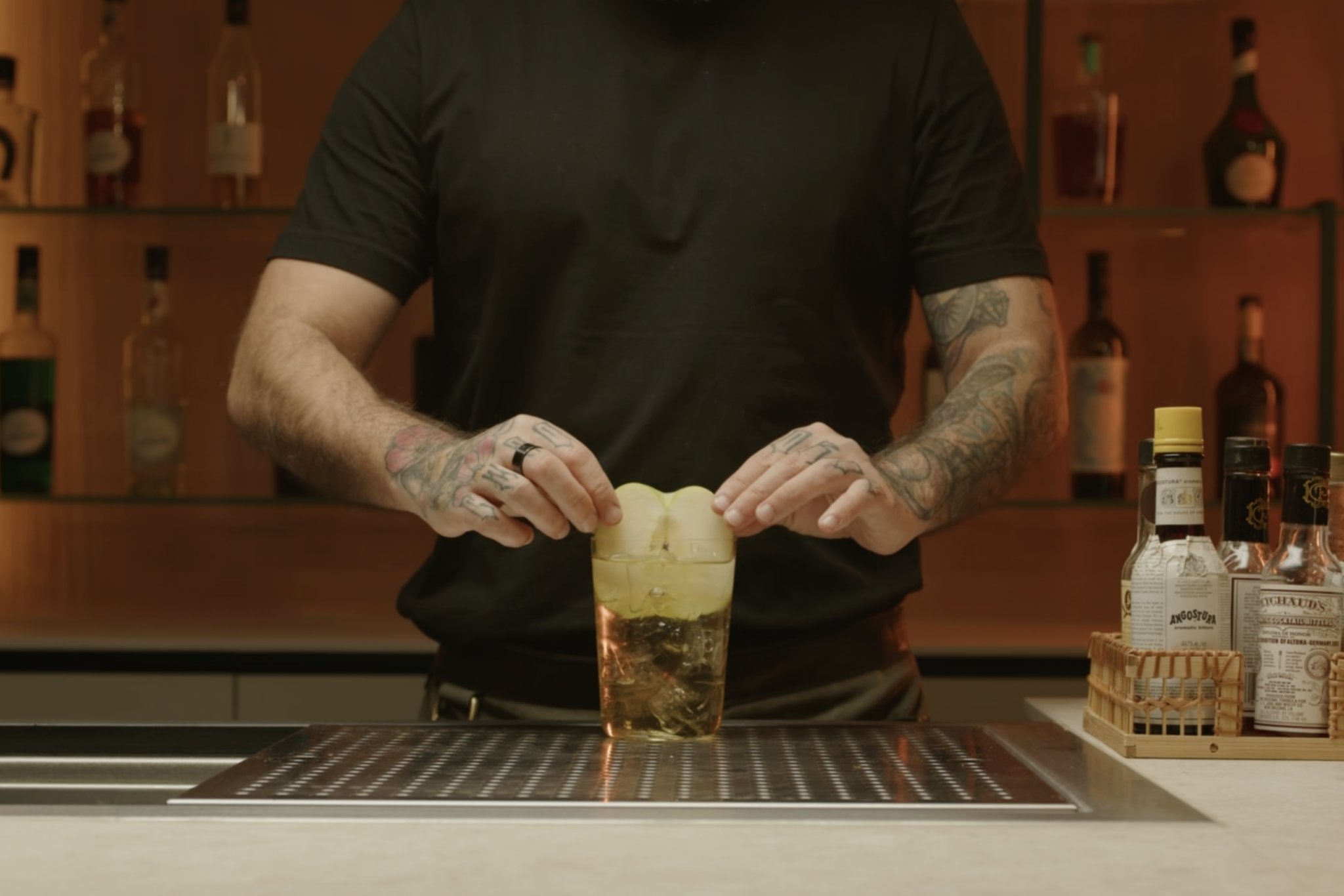<p>Place an apple slice into the glass for garnish, adding a touch of fresh apple aroma as well as a nice visual extra, and serve immediately.</p>