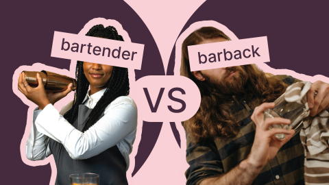 A comparative photomontage of a bartender and a barback in front of a light pink and purple background
