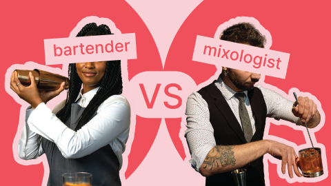 A comparative photomontage of a bartender and a mixologist in front of a light pink and dark pink background