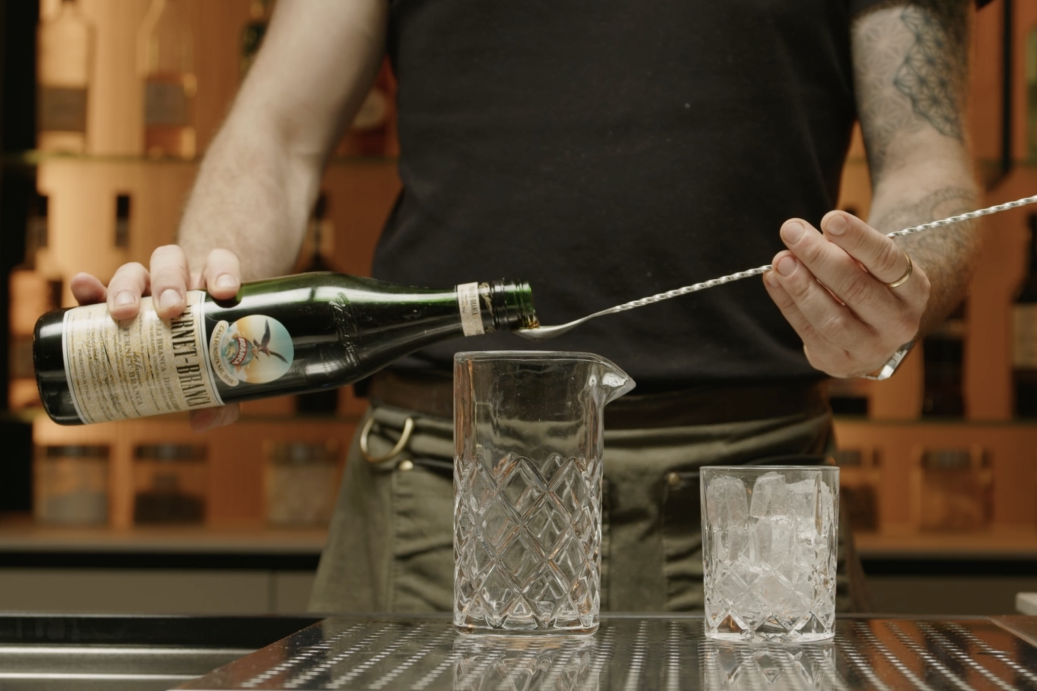 <p>Followed by 1 bar spoon of Fernet Branca. The Fernet Branca will give it a sharp botanical finish.</p>
