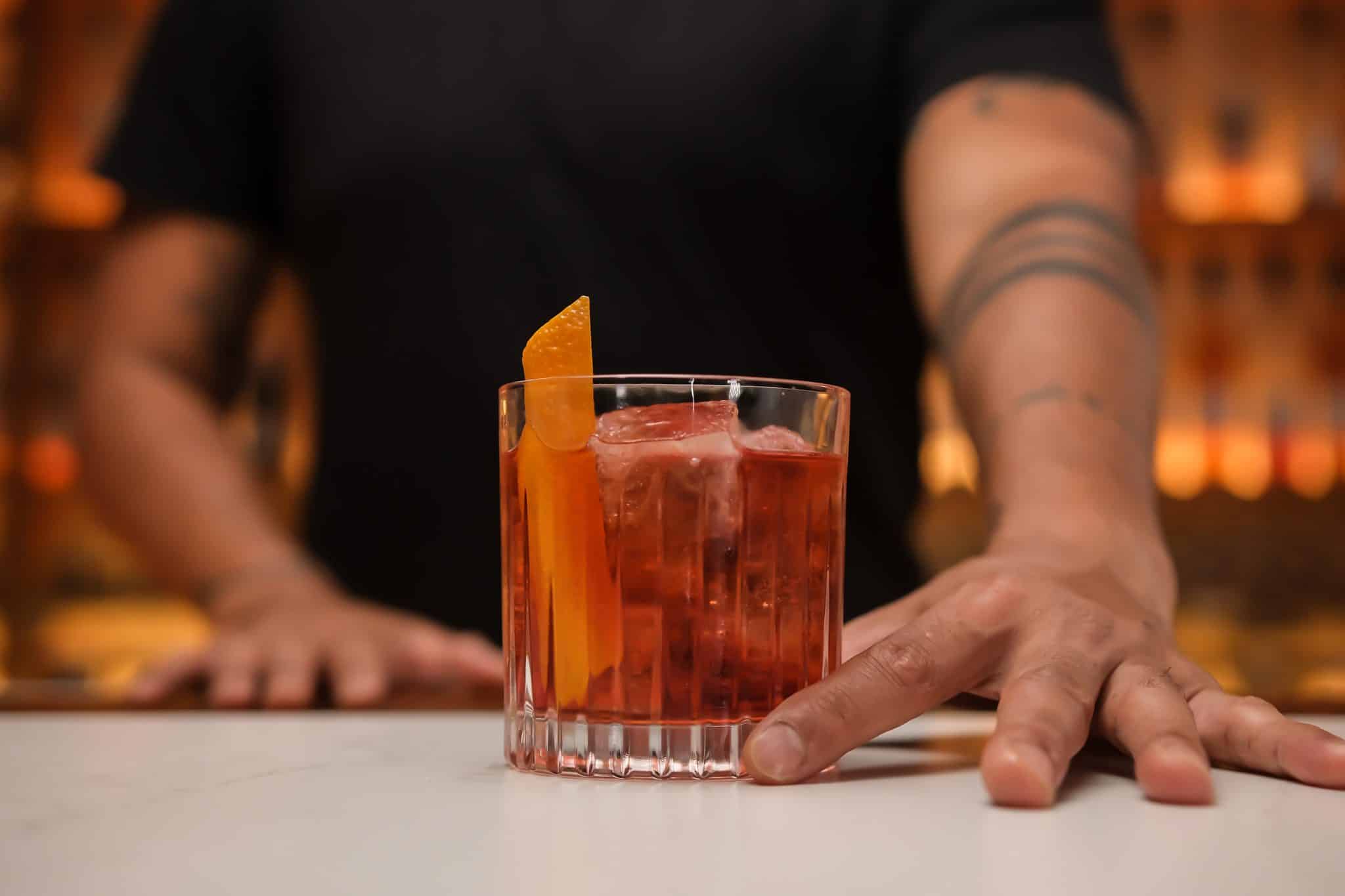 Completed Boulevardier cocktail in old fashioned glass