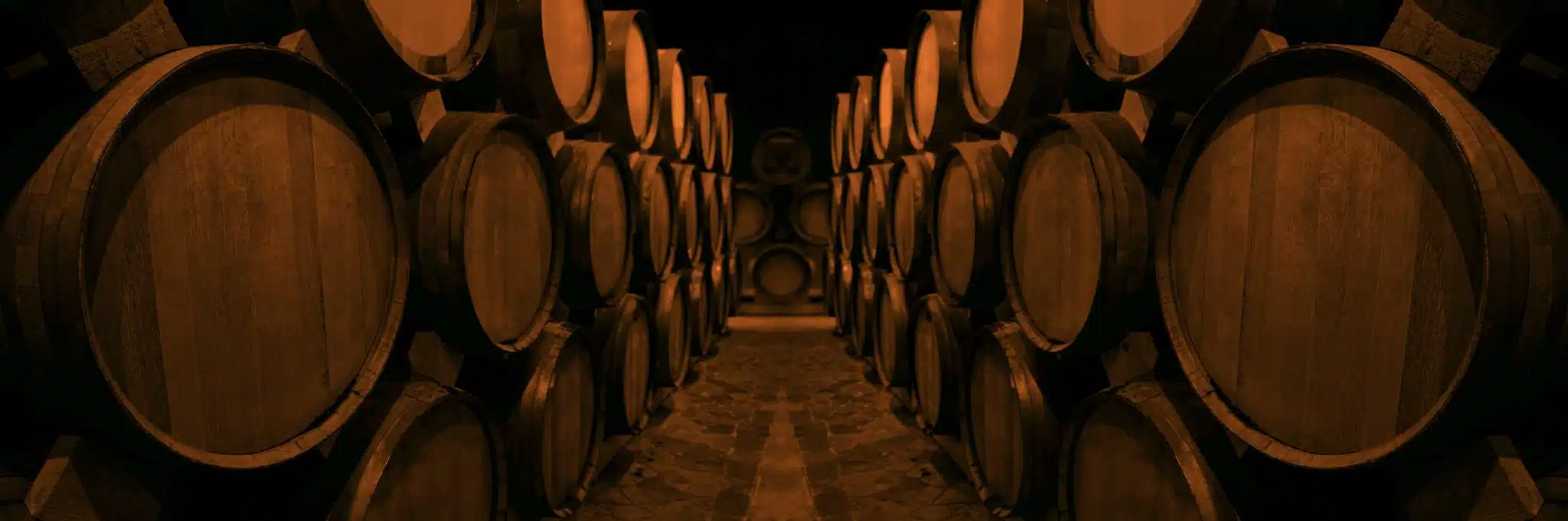 Wooden barrels lined up in a dark cellar, used for aging brandy.