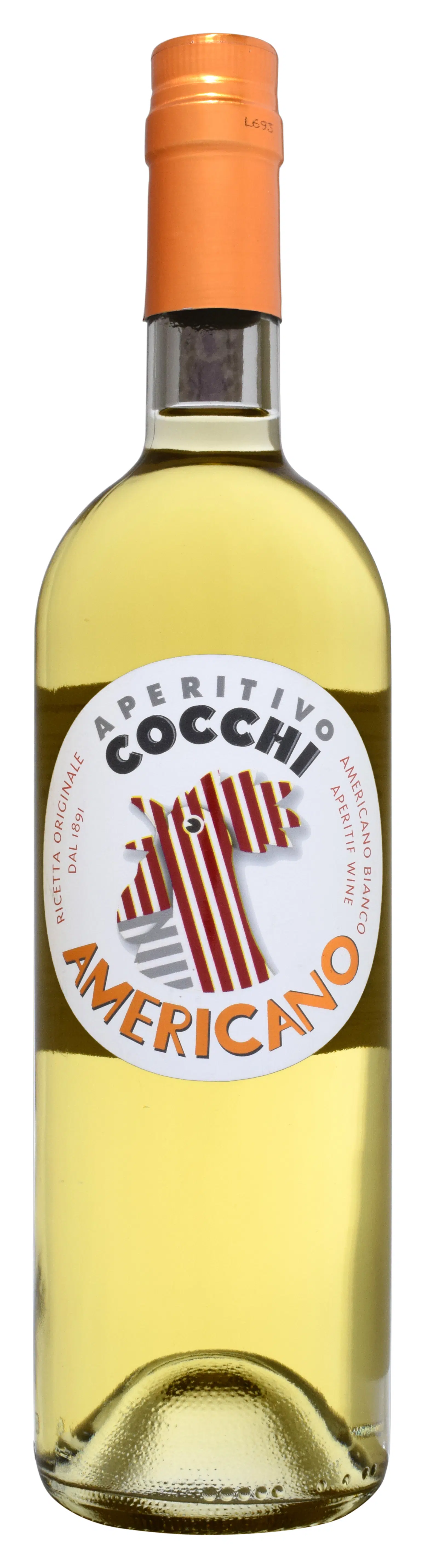 A shot of a Cocchi Americano Bianco bottle on a white background