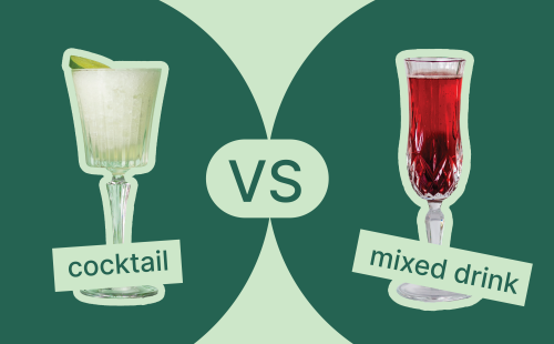 A comparative photomontage of a cocktail and a mixed drink in front of a light green and dark green background