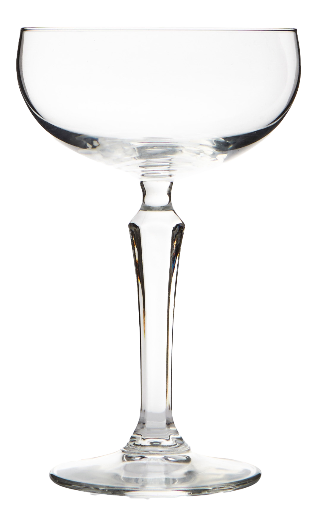 A side shot of a transparent coupe glass without background