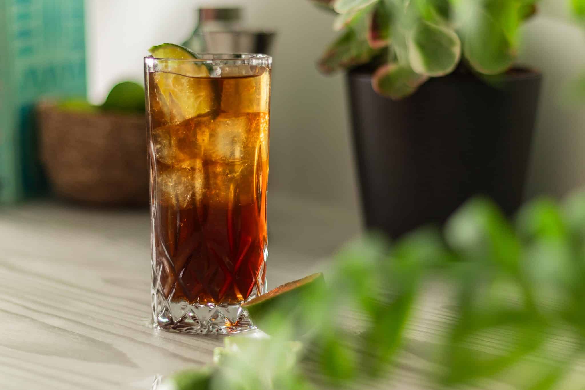 A side shot of a Cuba Libre cocktail in a highball glass on a table with a geen plant behind