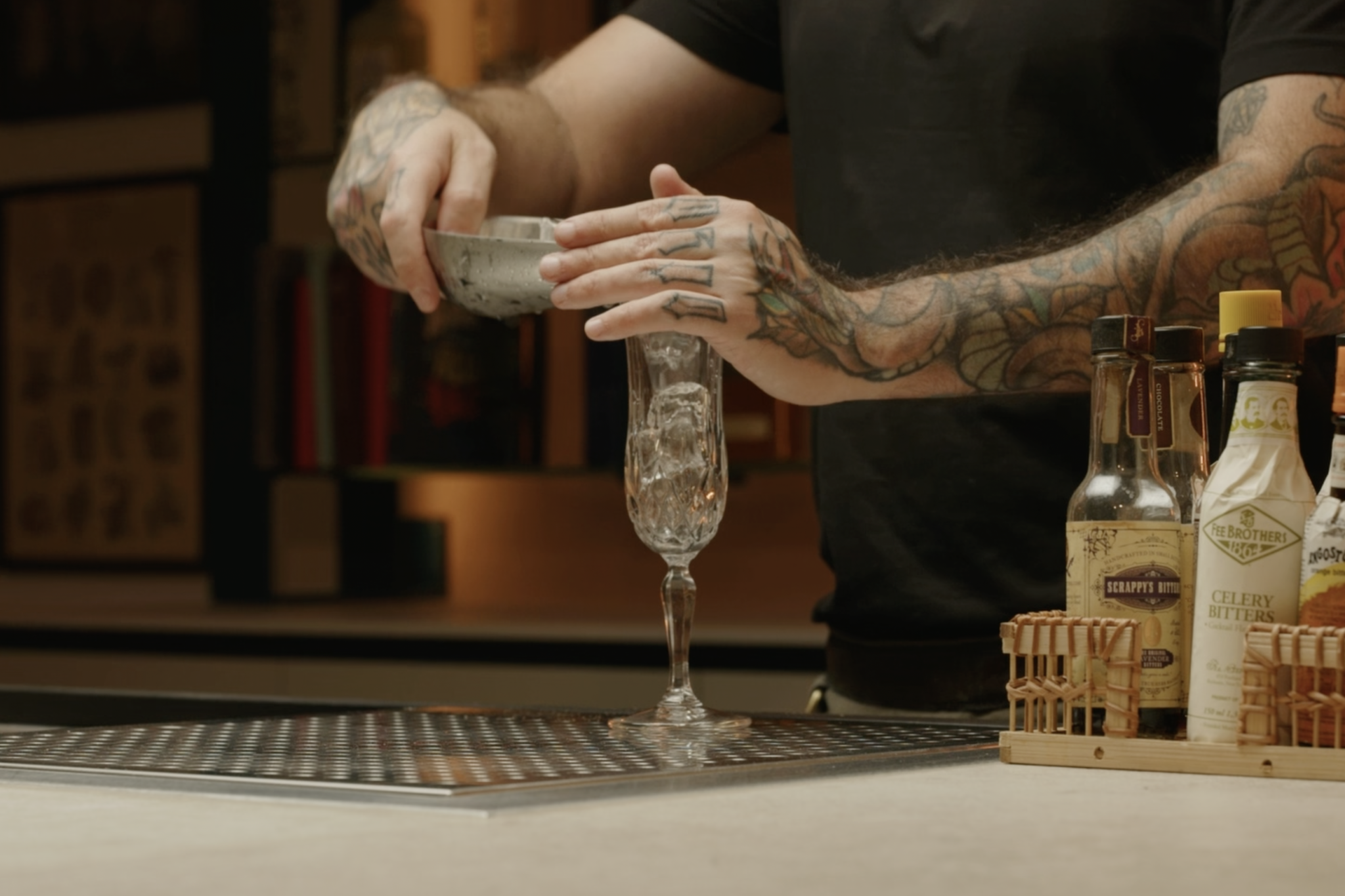 <p>Chill your Champagne flute or coupe glass by filling it with crushed ice or with ice cubes.</p>