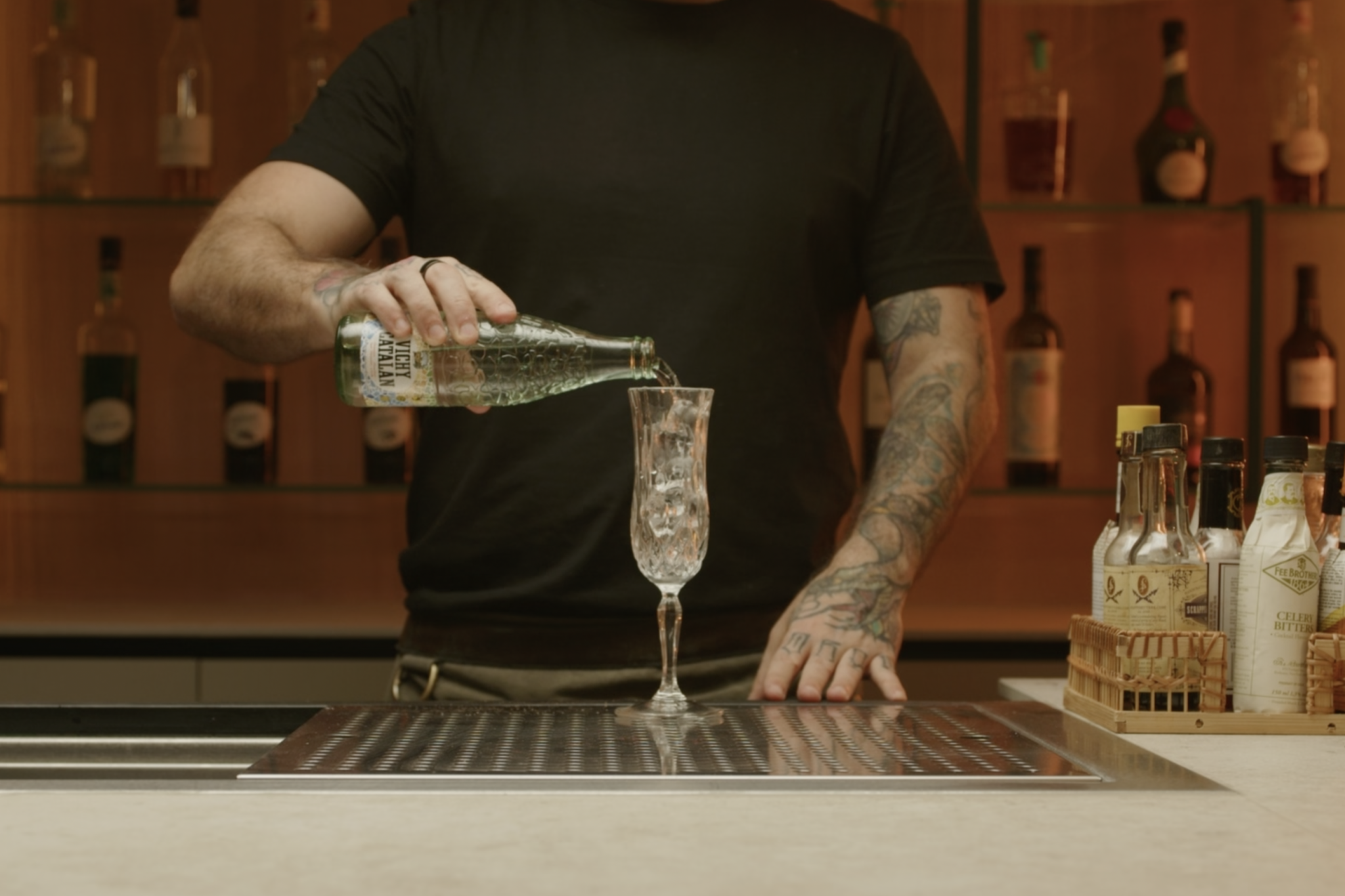 <p>Add water. Let it sit for a few minutes, then discard the ice and water. If you’d like a very cold glass, the best option would be to let the glass sit empty in the freezer for 10-15 minutes prior to making the drink.</p>