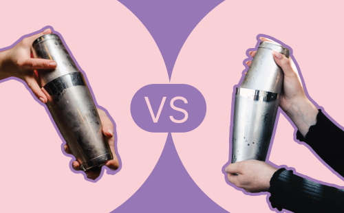 A comparative photomontage with two cocktail shakers in front of a purple and light pink background