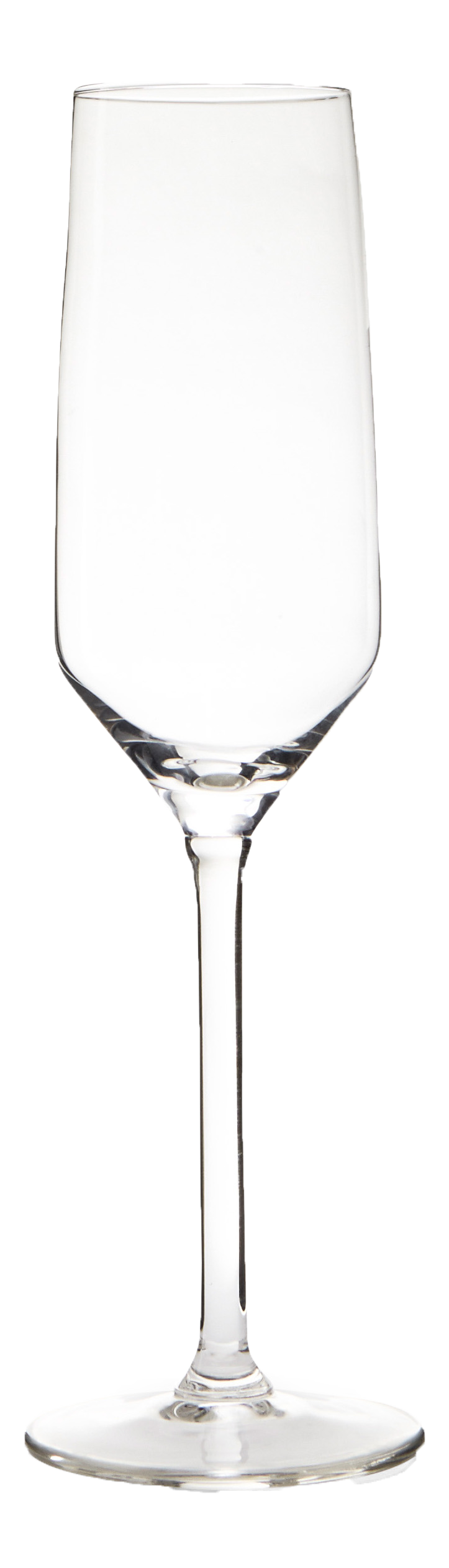 A side shot of a transparent flute glass without background