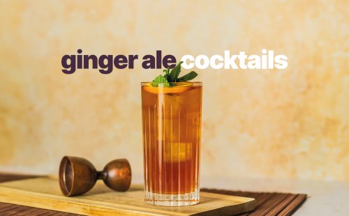 A shot of a ginger ale cocktail in a highball glass on a wooden tray placed on a wooden placemat with a jigger on the side