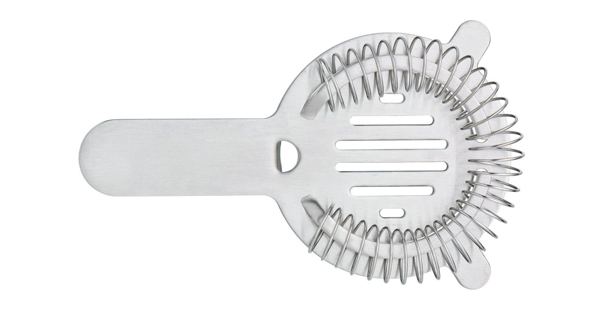 A shot of a Hawthorne strainer in front of a white background