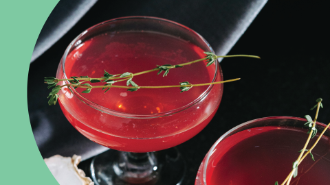 A shot of two red cocktail in coupe glasses garnished with thyme sprigs