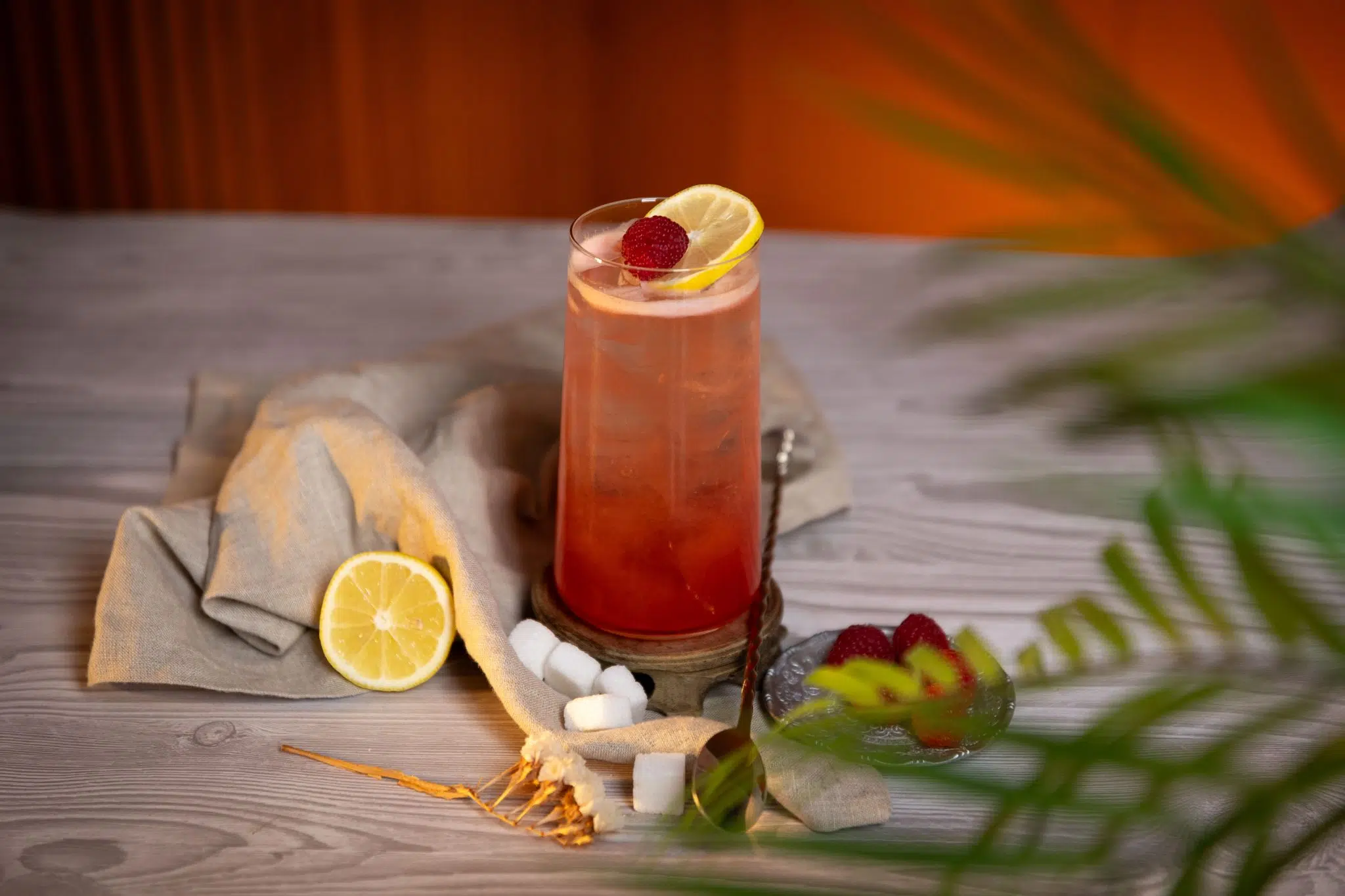 A side shot of a High King Highball in a highball glass on a wooden coaster placed on a grey wooden surface surrounded by sugar cubes, raspberries, half a lemon, a bar spoon and a beige cloth