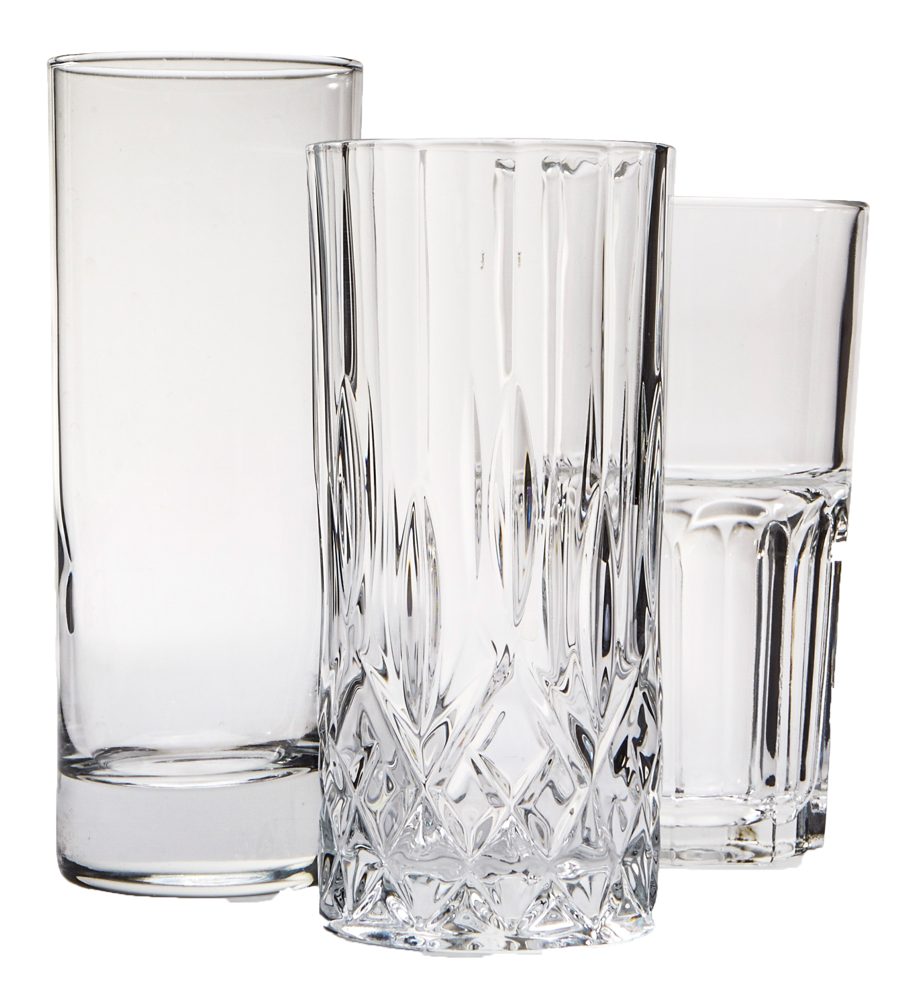 A side shot of three transparent highball glasses with different shapes without background