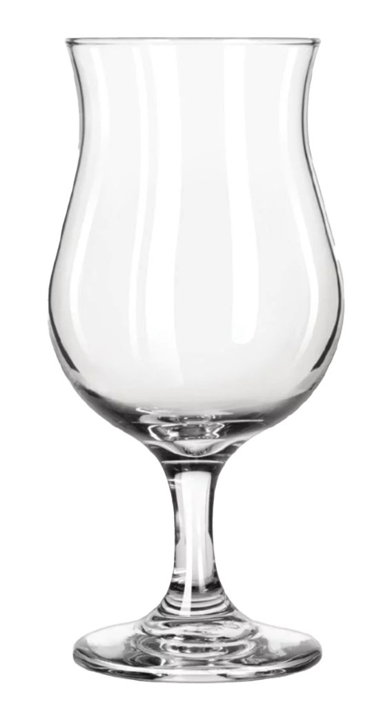 A side shot of a transparent Hurricane glass without background