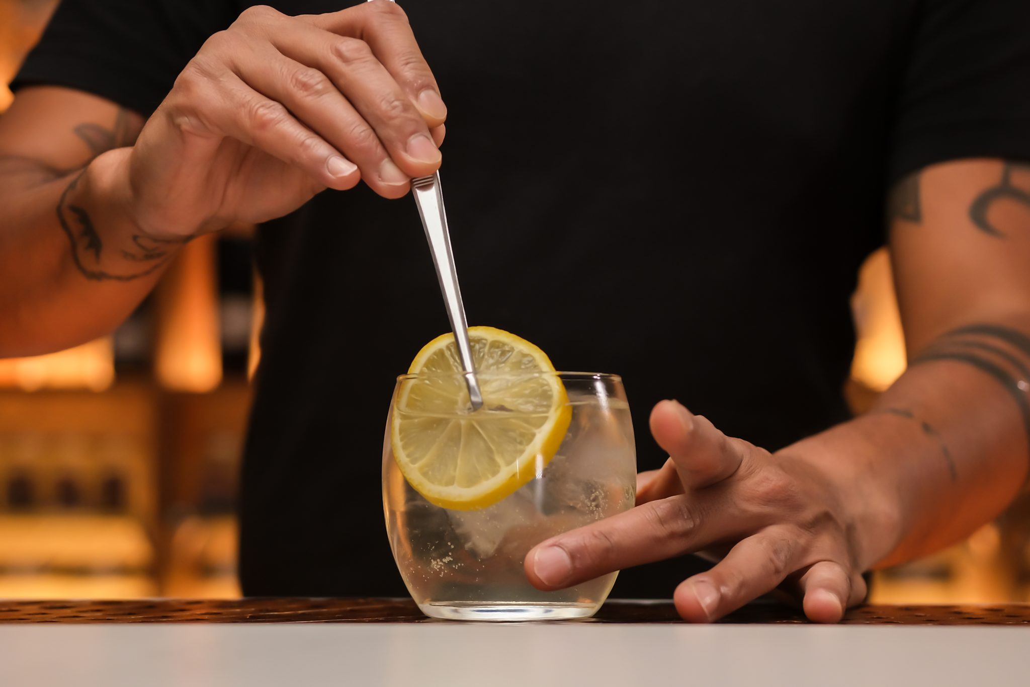 <p>For a finishing touch, garnish the drink first with a lemon slice or twist.</p>

