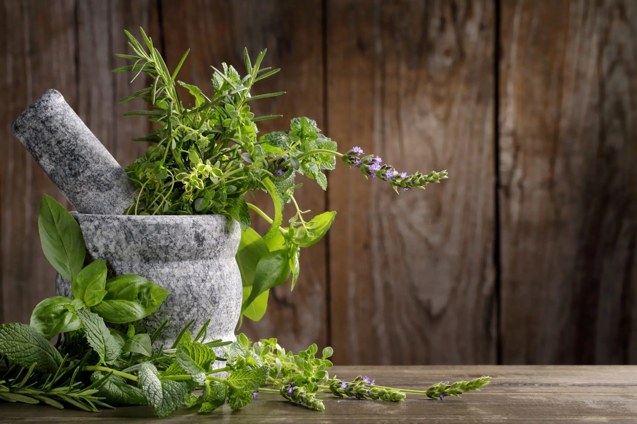 Shot of a grey mortar and pestle with mint, basil, rosemary and thyme sprigs on a wooden background
