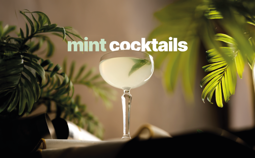 A shot of a mint cocktail in a coupe glass garnished with mint in front of a brown background