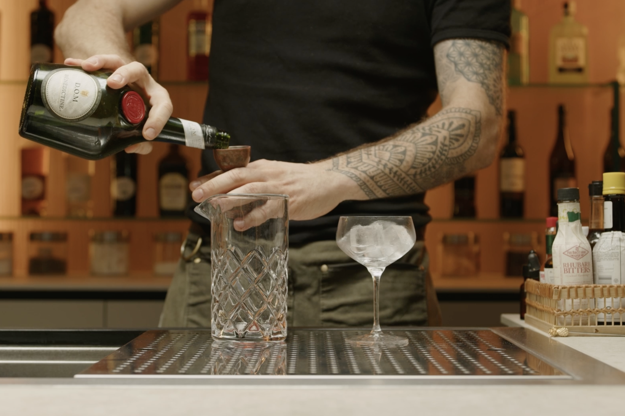 <p>Add ½ oz of Benedictine to the mix, contributing herbal and sweet notes.</p>