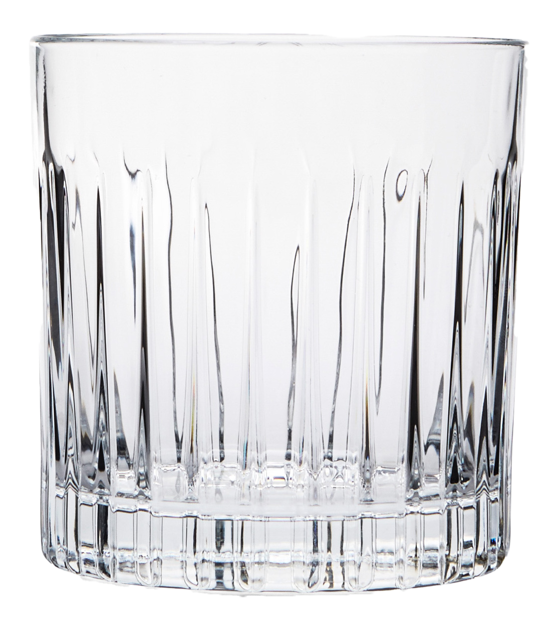 A side shot of a transparent Old Fashioned glass without background