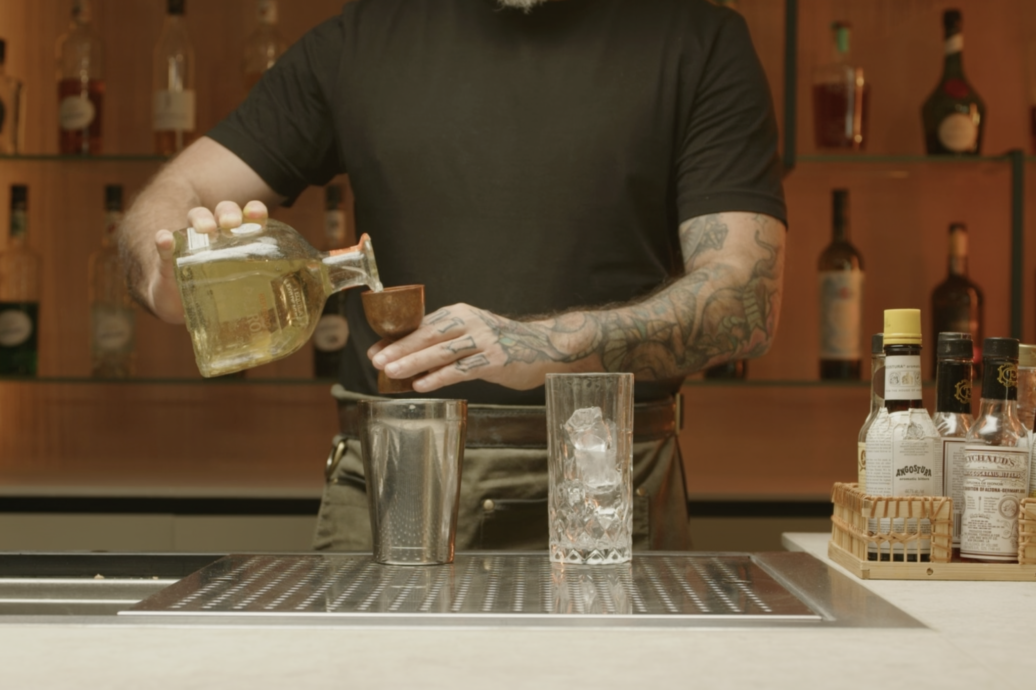 <p>Pour 1½ oz of Patrón Reposado into the shaker, providing a smooth, aged tequila base.</p>