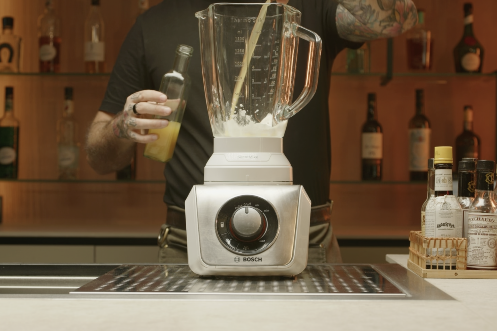 <p>Pour in 3 oz of pineapple juice.</p>