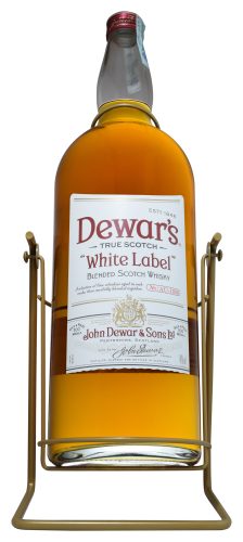 A side shot of a 4.5 liters spirit bottle of Dewar's White Label