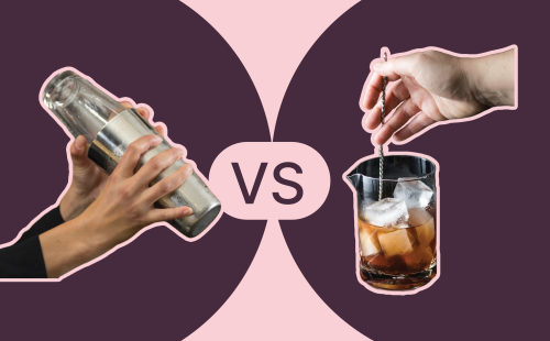 A comparative photomontage with a cocktail shaker and a mixing glass in front of a pink and purple background