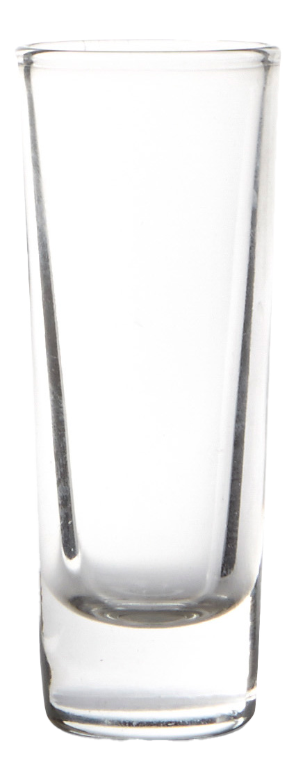 A side shot of a transparent shot glass without background