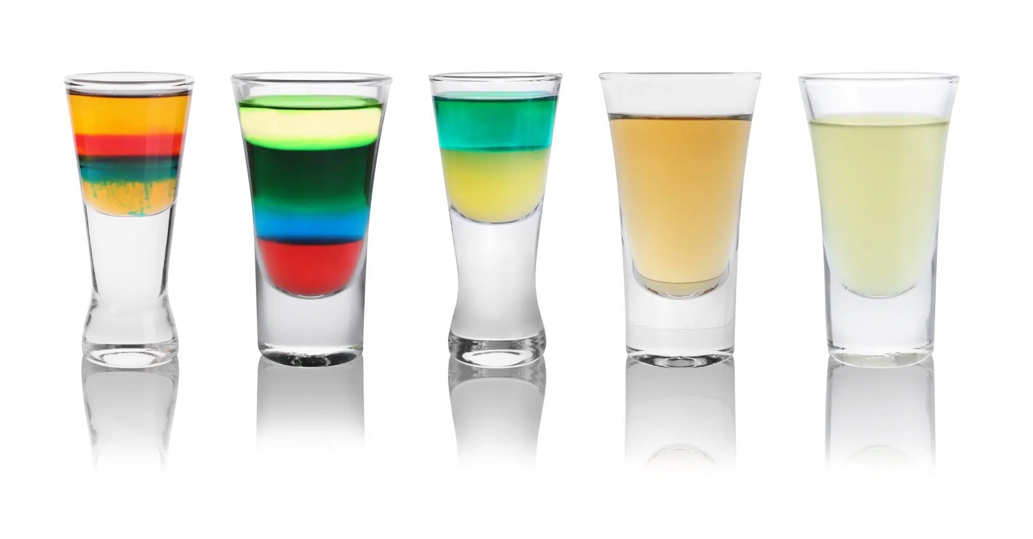 A shot of three shooters and two shots on a white background