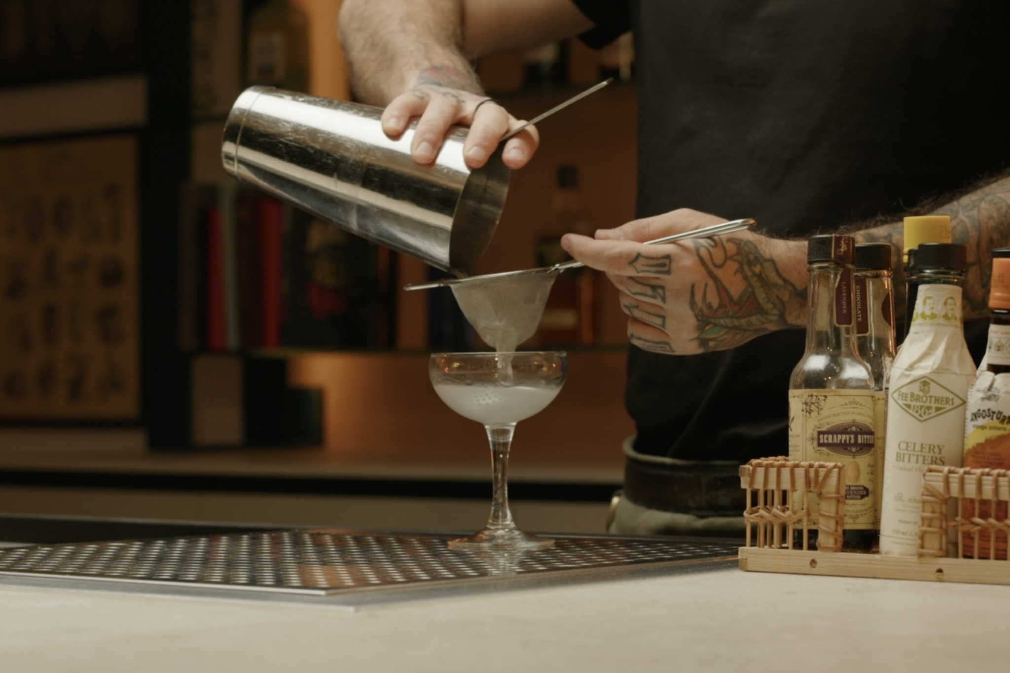 <p>Fine strain into your chilled service glass.</p>