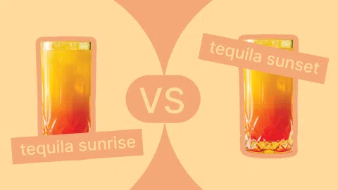 A comparative photomontage of a tequila sunrise and a tequila sunset in front of a yellow and tacao background
