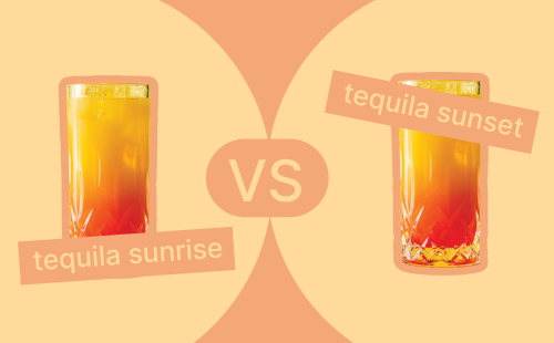 A comparative photomontage of a tequila sunrise and a tequila sunset in front of a yellow and tacao background