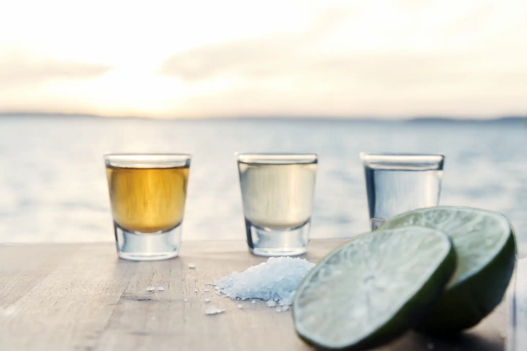 Three tequila shots in a row with lime and salt, in front of a sunset over the water.