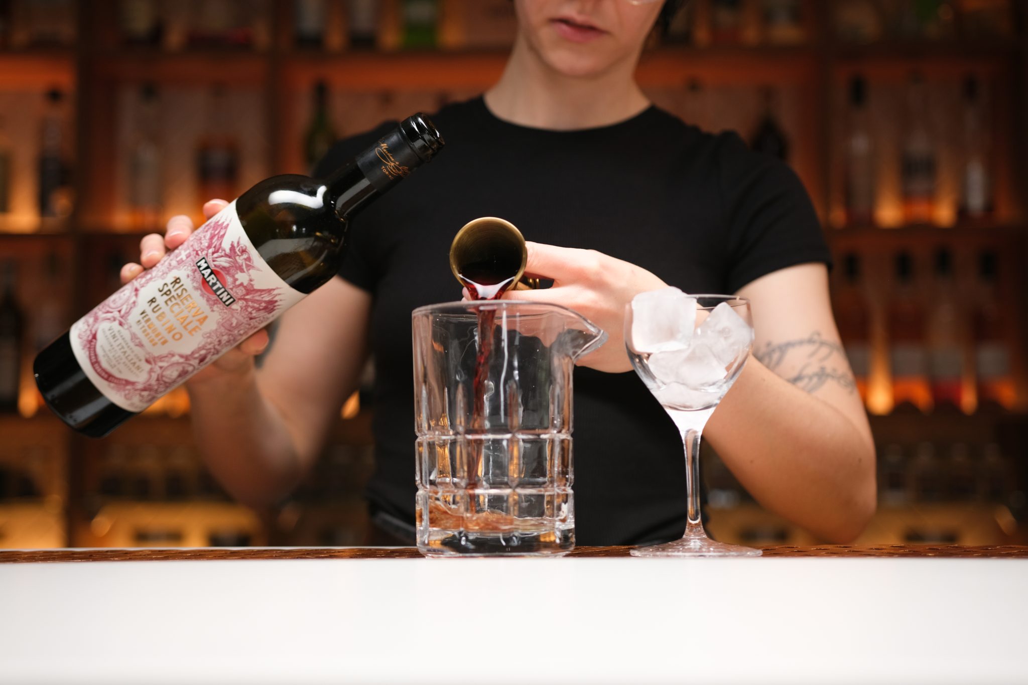 <p>Add the sweet Vermouth, enhancing the whiskey’s character and introducing a touch of sweetness.</p>
