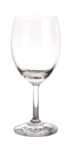 A shot of a white wine glass on a white background