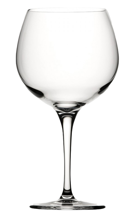 A side shot of a transparent Coupe Balloon or Copa glass without background