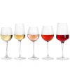 A side shot of wine glasses filled with different types of wines on a white background.