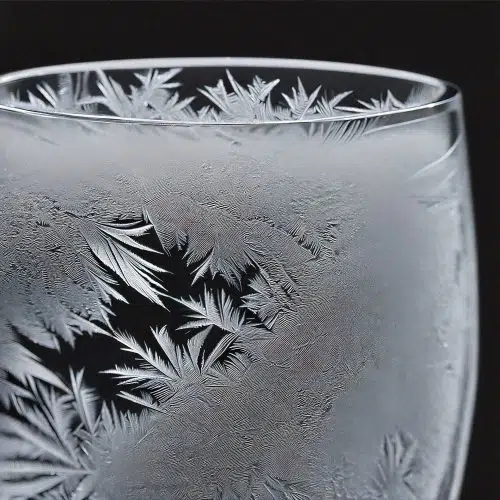 A close shot of a chilled and frozen glass in front of a black background