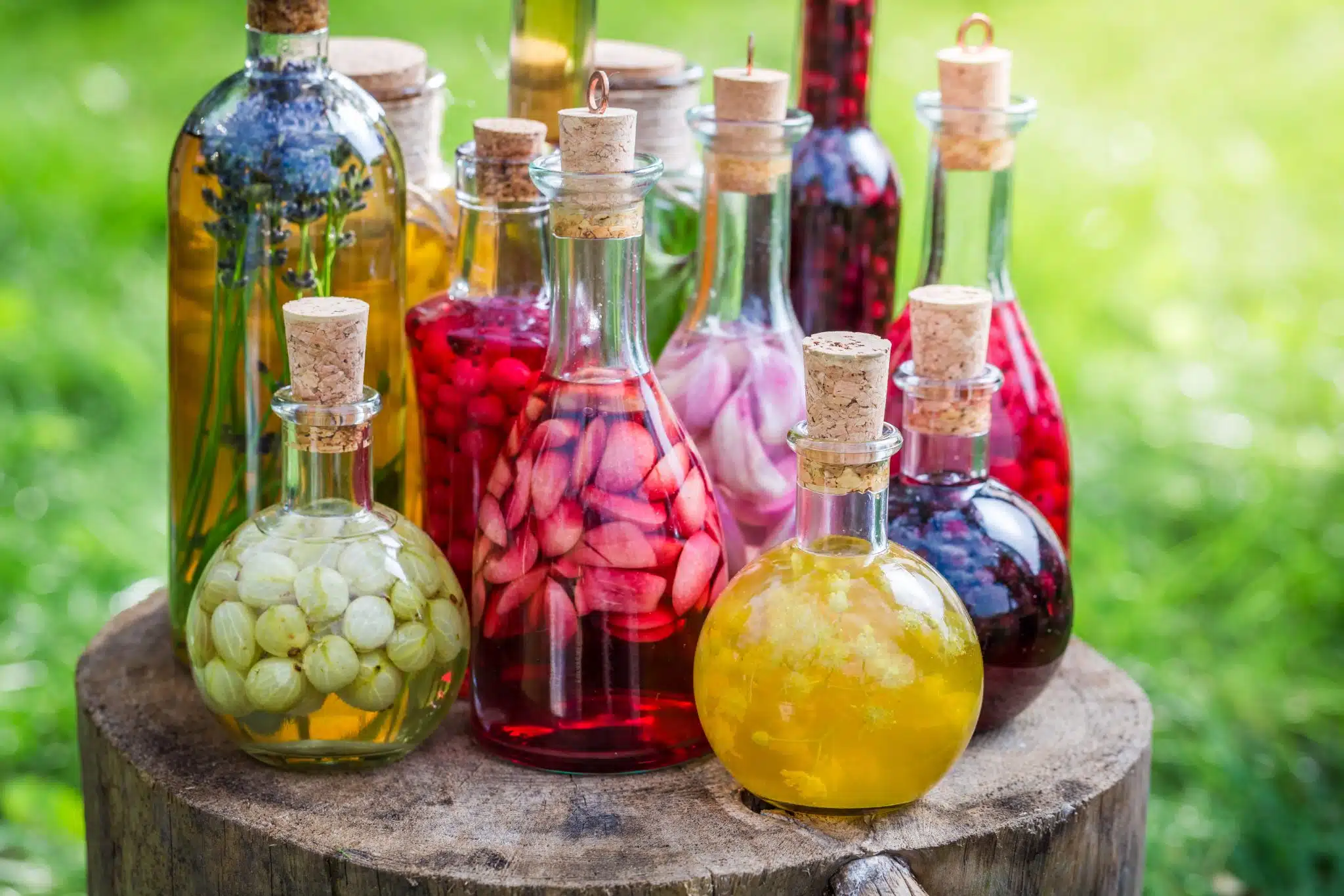 A shot of many clear bottles with corks filled with fruits and liqueurs, standing on a wooden stump with a green background.