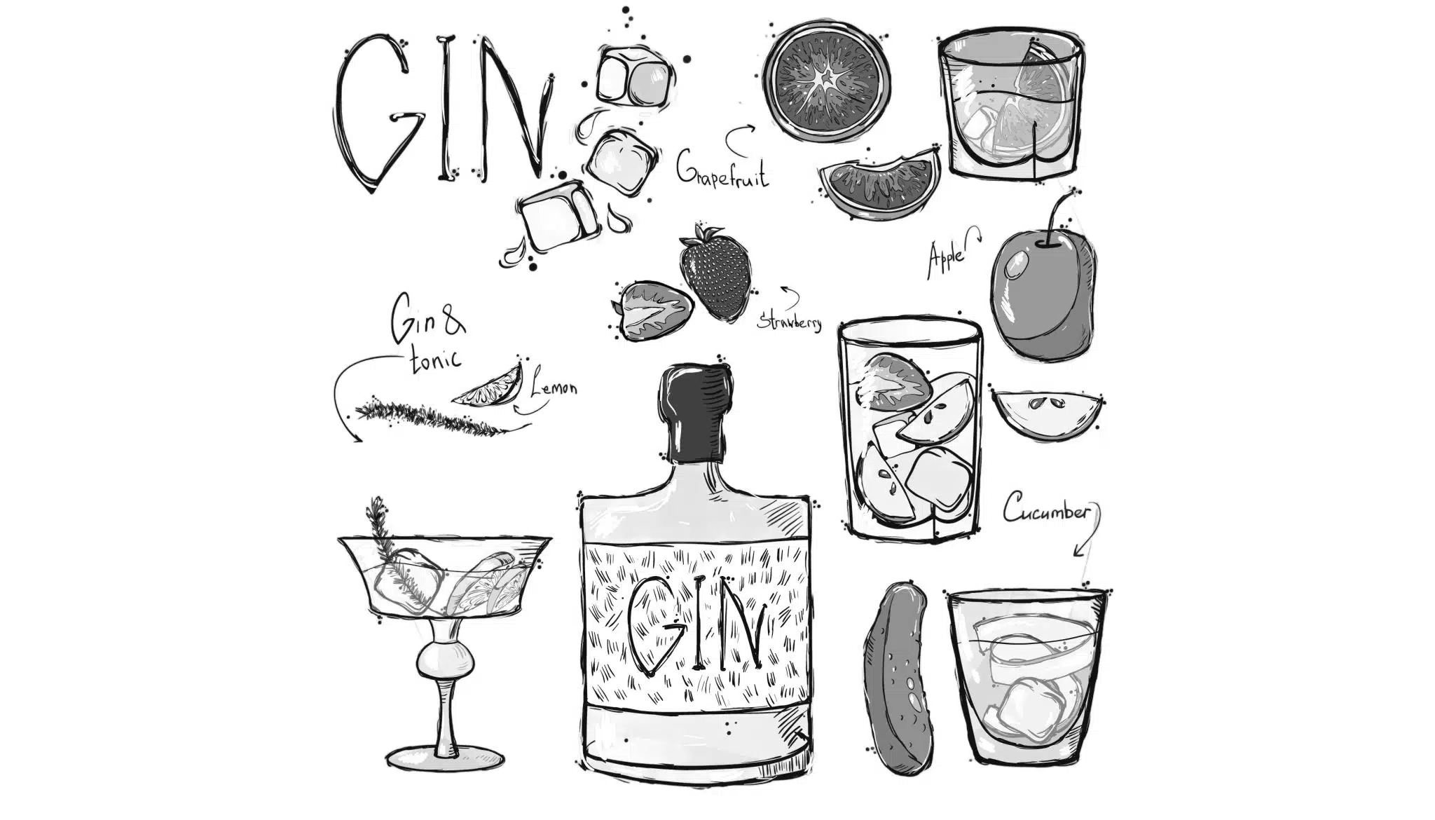 A sketch of gin and mixers: a gin bottle, ice cubes, grapefruit, apple, strawberry, lemon, glasses of drinks, and a gin & tonic.