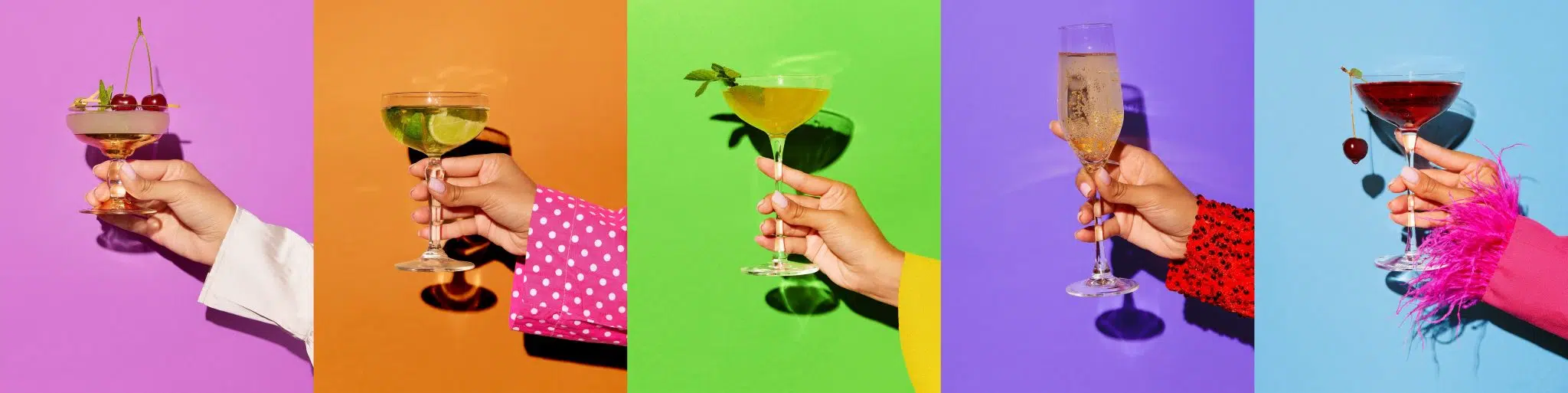 Collage with five different cocktails in different stemmed glasses holded by the stems with the hand