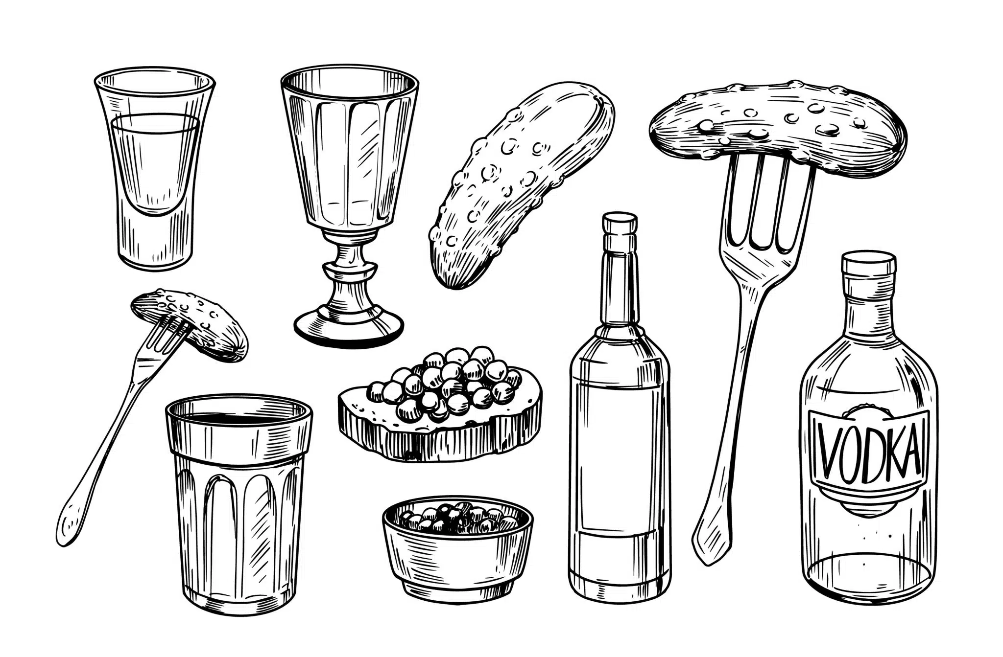  A drawing of vodka drinks and snacks: two glasses, a bottle, pickles on a fork, a sandwich, and a bowl of snacks.
