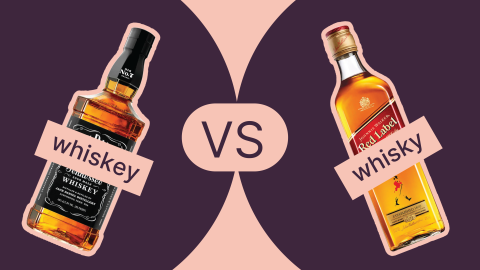 A comparative photomontage of a Whiskey bottle and a Whisky bottle in front of a purple and light pink background